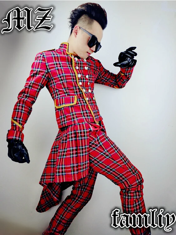 

S-5XL ! 2019 DJ men's Brand fashion Scottish red plaid stage singer suits Men Singer costume suit top clothing coat S-5XL