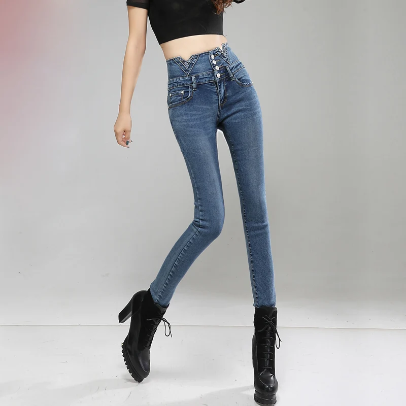 

New 2017 Spring Autumn Women Skinny Jeans Fashion Pencil Pants Denim Strech Blue High Waist Jean E258