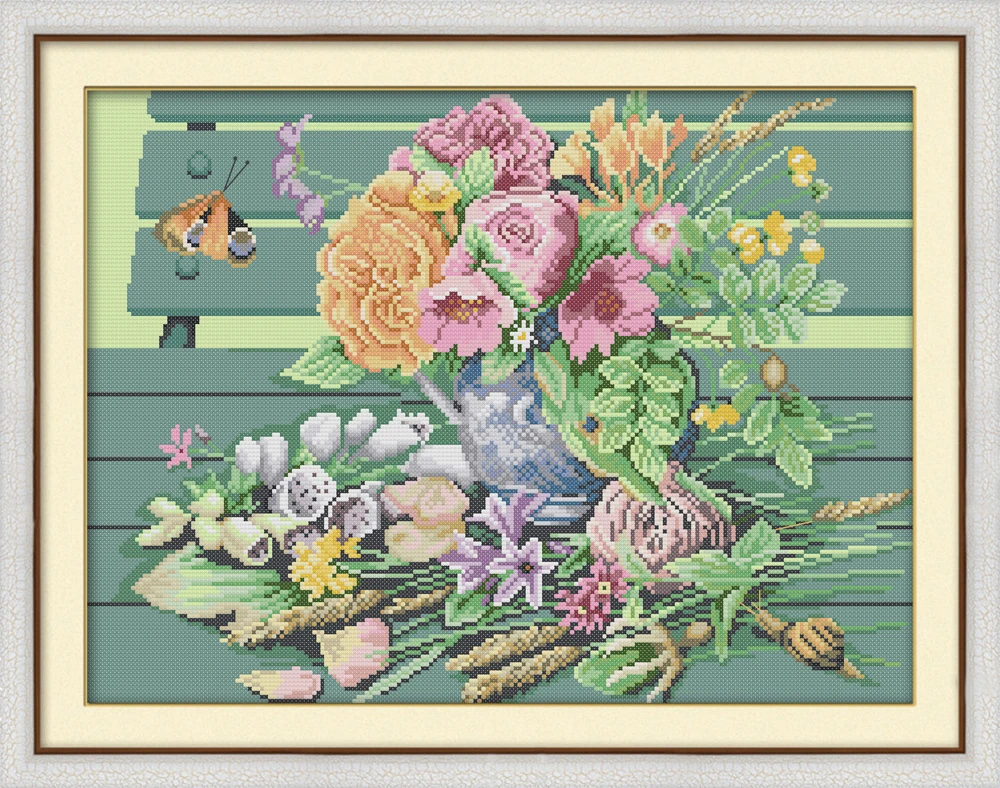 The vase and Wood chair Cross Stitch Kits Flower Printed patterns