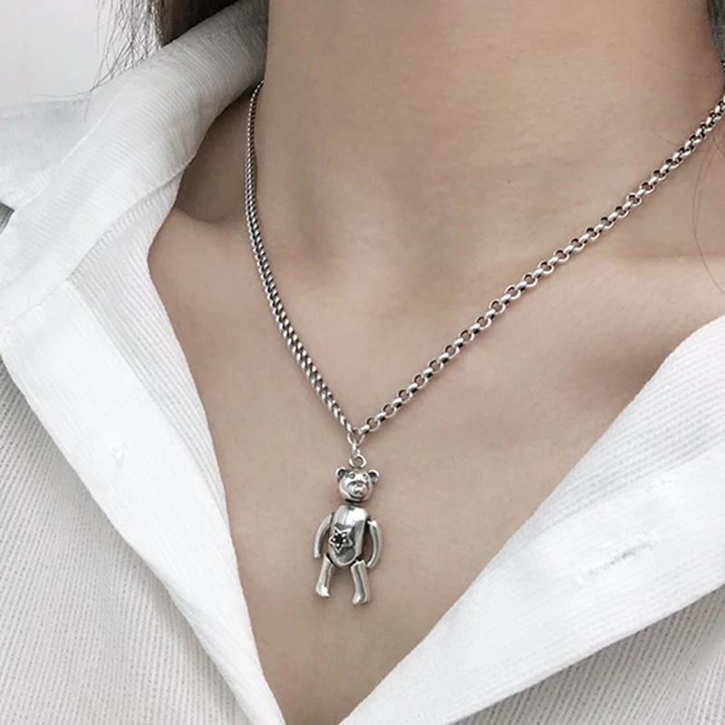 Thai Silver 925 Sterling Silver Rotatable Limbs Bear Pendant Necklace Vintage Silver Punk Big Necklace S925 Choker Women Jewelry