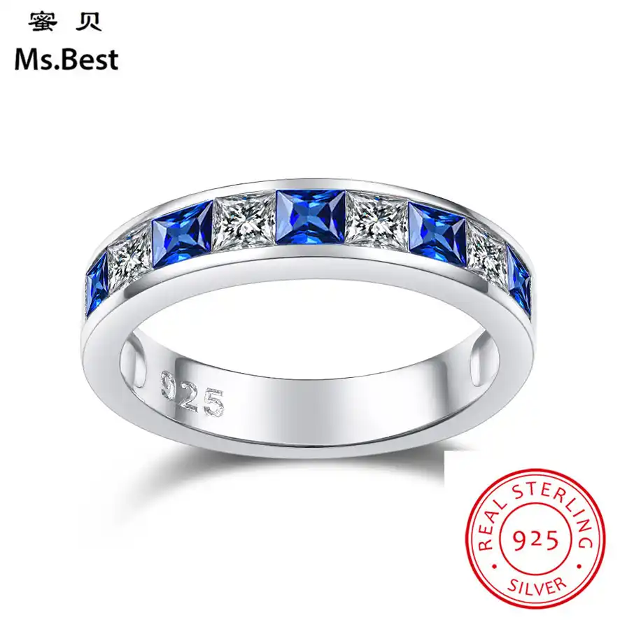 Blue Sapphire Wedding Band Women Ring Fine White Gold Coated On
