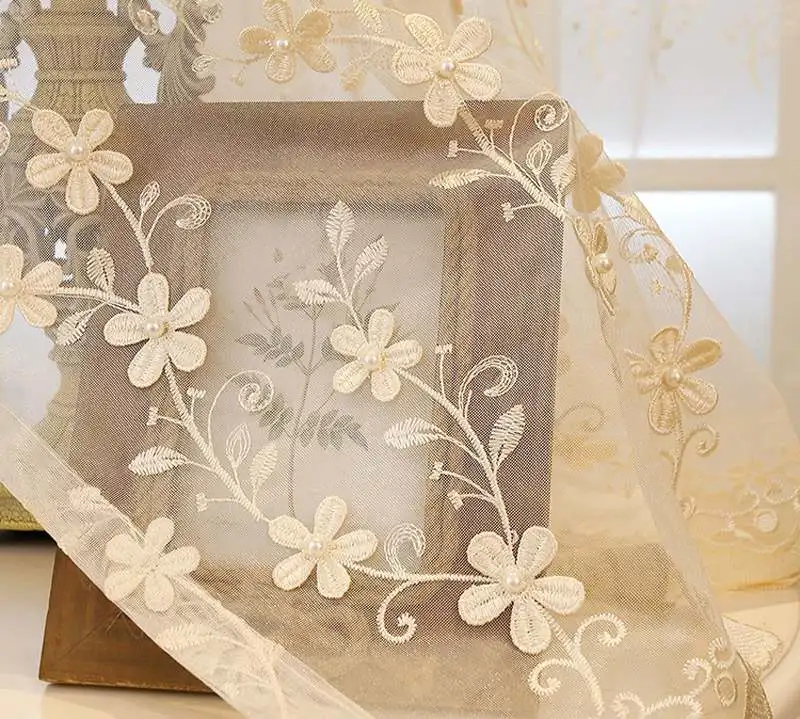 Европейский милый жемчужный вышитый цветок бежевый прозрачный вуаль Cortinas для гостиной кофе бежевый тюль для спальни балкон WP362C - Цвет: beige color tulle