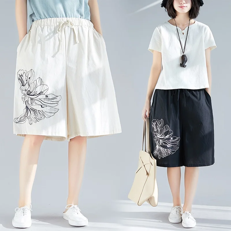 

Pantacourt Ethnic Casual Pants Women 2019 Summer Online Chinese Store Embroidery Vintage Harajuku Baggy Breeches Trousers TA1554