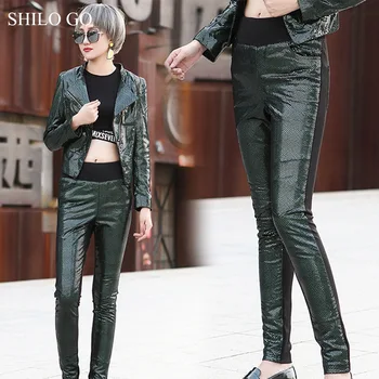 

SHILO GO Leather Pants Womens Spring Fashion sheepskin genuine leather Pants stretch high waist sexy light leather pencil pants
