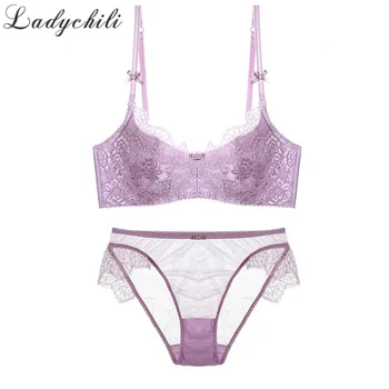 

Ladychili Women Intimates Full Lace Embroidery Seamless Bra and Panties Set Thin Foam Padded Push Up Bra Set Clear Panties WW19