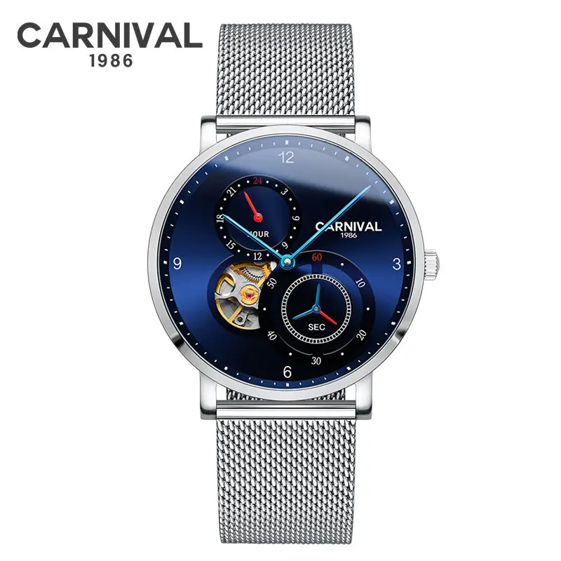 Модные механические часы Tourbillon CARNIVAL, автоматические часы для мужчин, маленький Второй Циферблат, 24 часа, сапфир, Montre homme - Цвет: Color 5