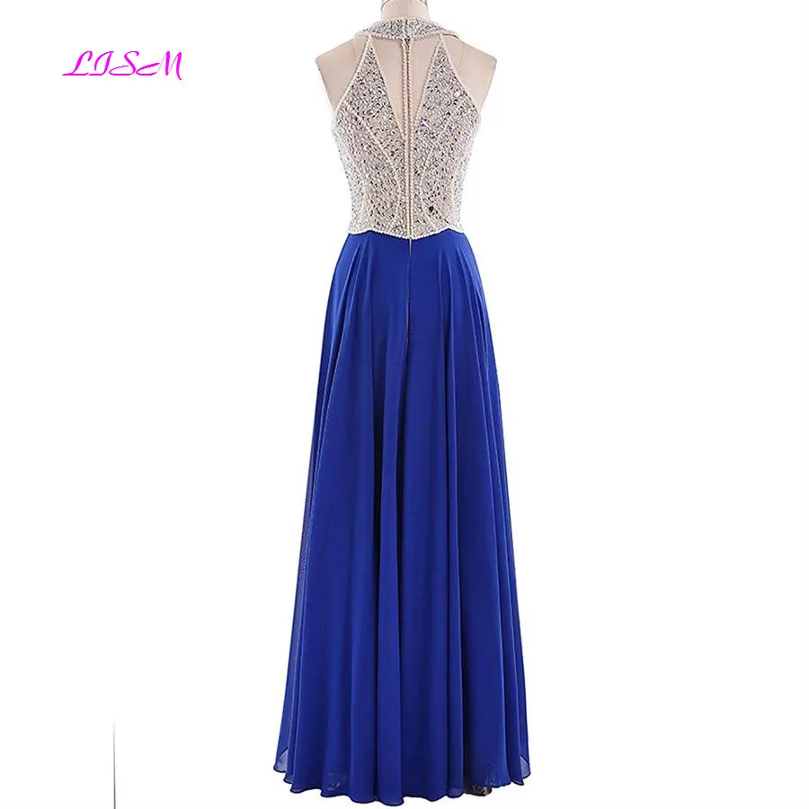 A-Line Chiffon Crystals Beaded Long Evening Dress 2019 New Custom Made Halter Sleeveless Prom Party Gowns vestido de noite