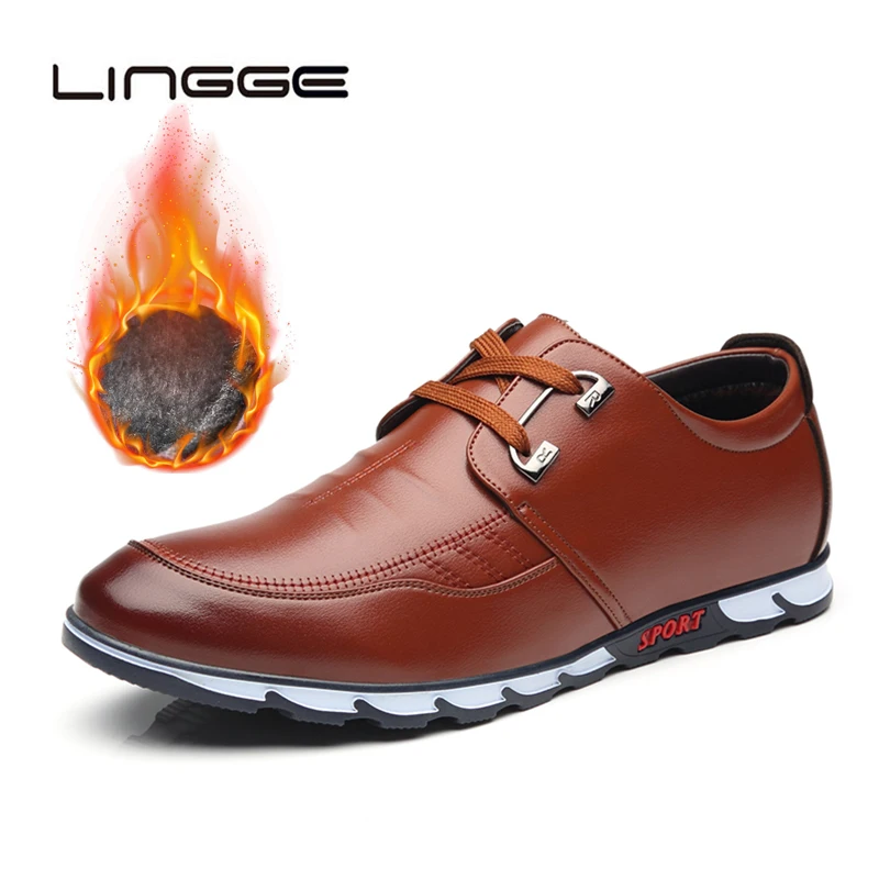 

LINGGE Fashion Men Plush Office Shoes Male Lace Up Dress Shoes Plush Warm Oxfords Shoes