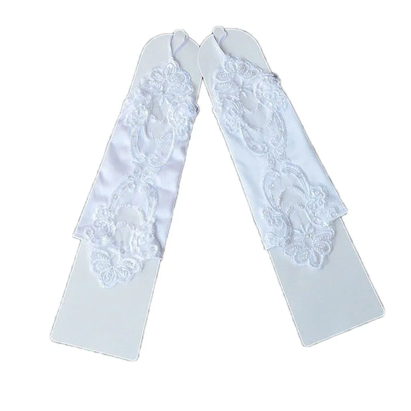 Перчатки для девочек, держащих букет невесты на свадьбе, аксессуары для свадебного платья, белые детские длинные перчатки без пальцев, кружевные перчатки с бусинами, рукава D