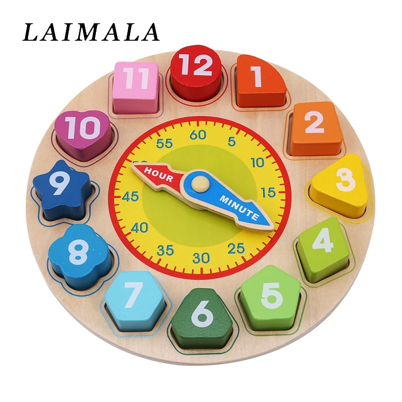 Wooden Toy Colorful 12 Numbers Clock Toy Digital Geometry Cognitive