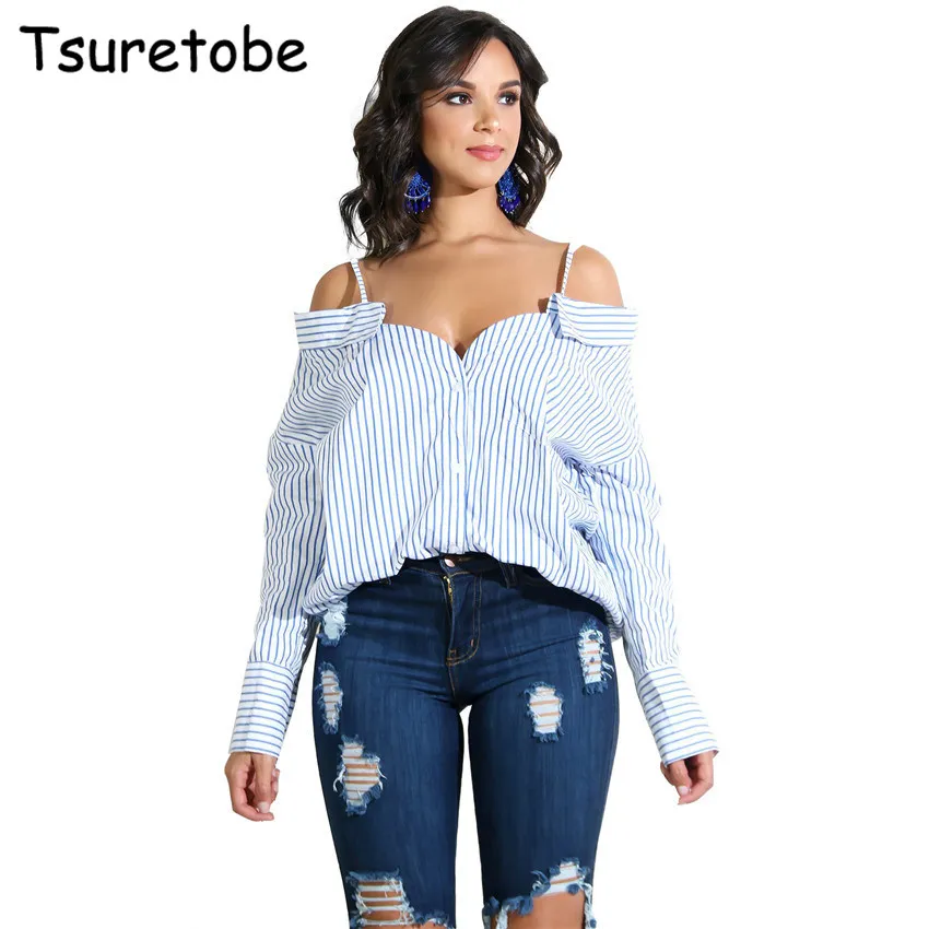 

Tsuretobe Summer Sexy Stripe Blouse Women Loose Off Shoulder Camisas Mujer Casual Elegant Blouse Tops Spaghetti Strap Female
