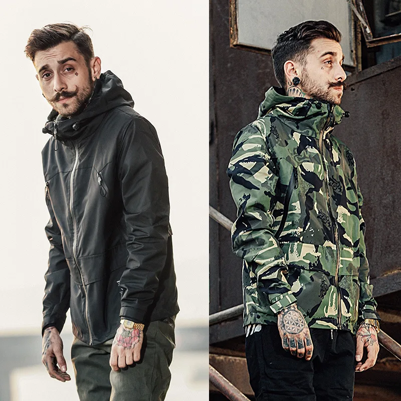 

Autumn Jacket Men Military Windbreaker Thin Coat Male Jacket Men Loose Outwear Camouflage Hooded Safari Jacket Zipper Pocket Hot