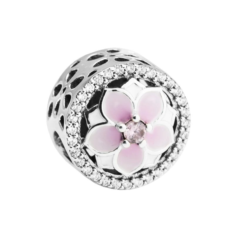 

925 Sterling Silver Magnolia Bloom Button Charm Bead Fits Bracelets Diy Jewelry Making 2017 Spring Collection PANDOCCI