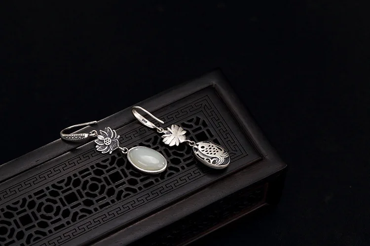 Uglyless Настоящее серебро 925 пробы ручной работы серьги цветок лотоса тайское серебро ювелирные украшения для женщин натуральные серьги с нефритом