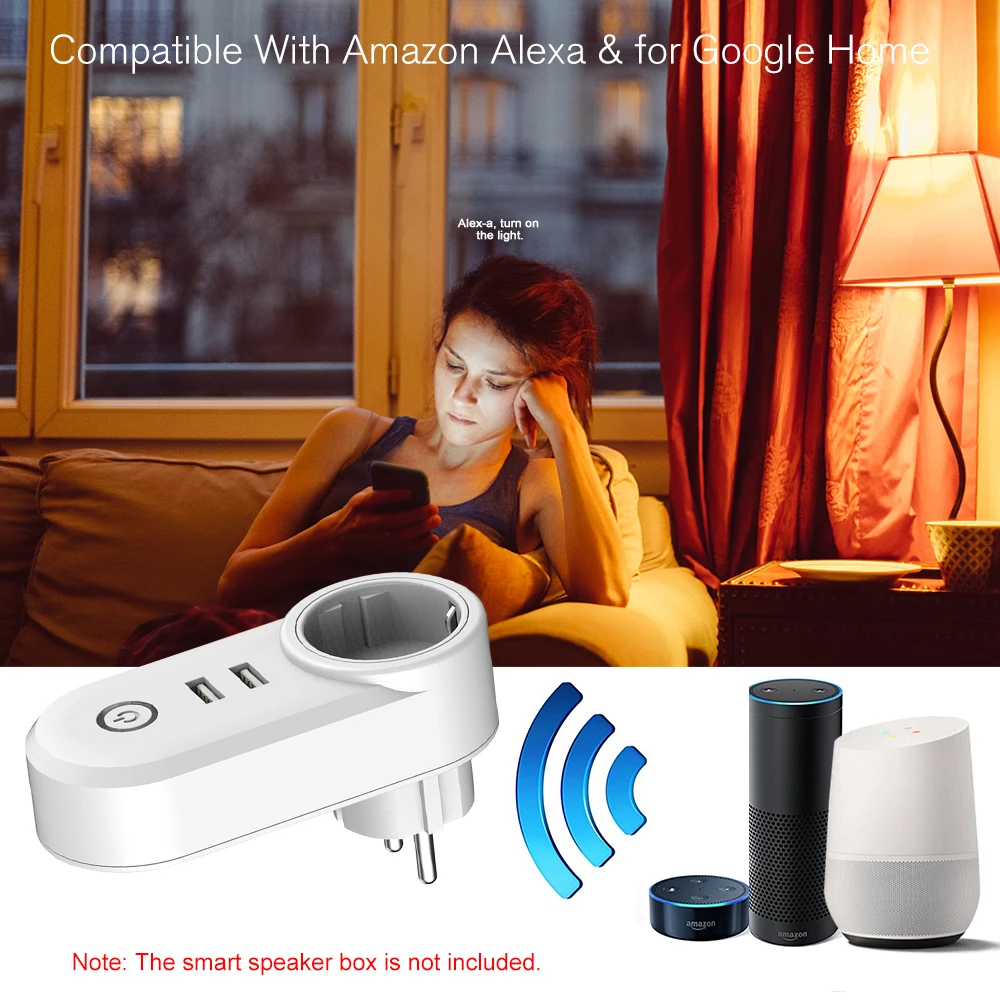 

Smart WiFi Power Plug Outlet Socket with USB Remote Control App Control Timer Function Compatible with Amazon Alexa Google Home