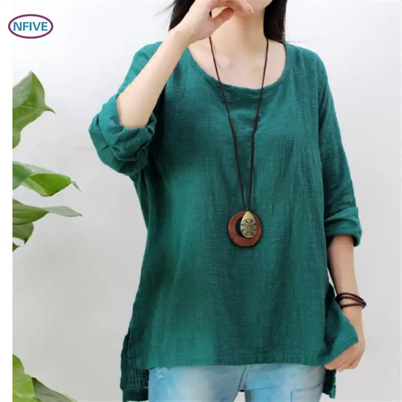 NFIVE Brand 2018 Woman Flax Cotton Shirts New Spring Art Fan Loose Size Long Sleeved Shirt Quality Vintage Casual Thin T-shirt | Женская