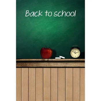 

Back to School Backdrop Photography Printed Chalk Clock Dark Green Blackboard Baby Kids Photo Studio Backgrounds Wooden Floor