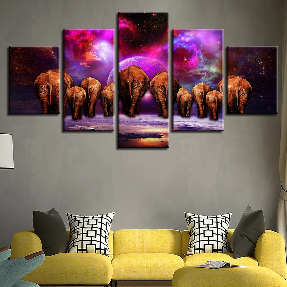 

Animal Picture Decor Living Room Wall Art 5 Pieces HD Print Abstract Planets And Elephant Family Scenery Modular Canvas Painting