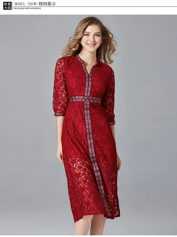 MUSENDA размера плюс, женское красное кружевное платье с рукавом 3/4, туника с разрезом, новинка, весна-осень, женское офисное винтажное платье для вечеринок