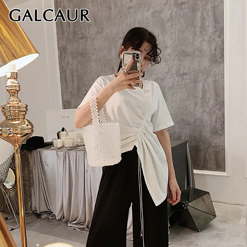 

GALCAUR Casual White Women T Shirt O Neck Short Sleeve Ruched Bandages Asymmetrical Tops Female Fashion 2019 Spring New Tide