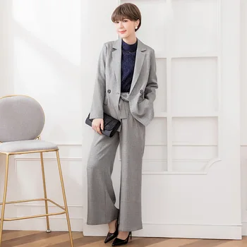 

Casual Plaid Women Pant Suits Turn Down Collar Blazer Jacket & Flare Pant Grey Black Ol Female Suit Two Piece 2019 High Quality