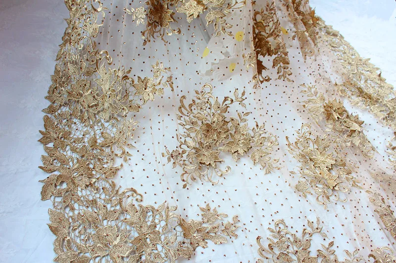 

5 yards metiallic gold embroidered lace fabric with gold rhinestone beads and 3D flower, GT013