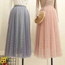 Свободная Тяжелая газовая плиссированная юбка с бусинами, женские юбки для девочек, весна, новая длинная юбка 9920