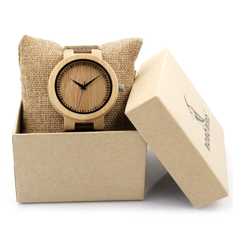 BOBO BIRD Simple Men Watches Bamboo Case Leather Strap Wooden Wristwatch for Male in Gift Box