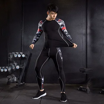

men's clothing compression suit 2 piece tracksuit men long sleeve t shirt tights rash guard MMA muscle shirt crossfit leggings