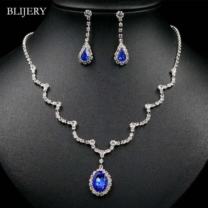 BLIJERY, Модный Королевский синий кристалл, свадебный ювелирный набор для невесты, для женщин, посеребренное ожерелье, серьги, свадебные ювелирные наборы