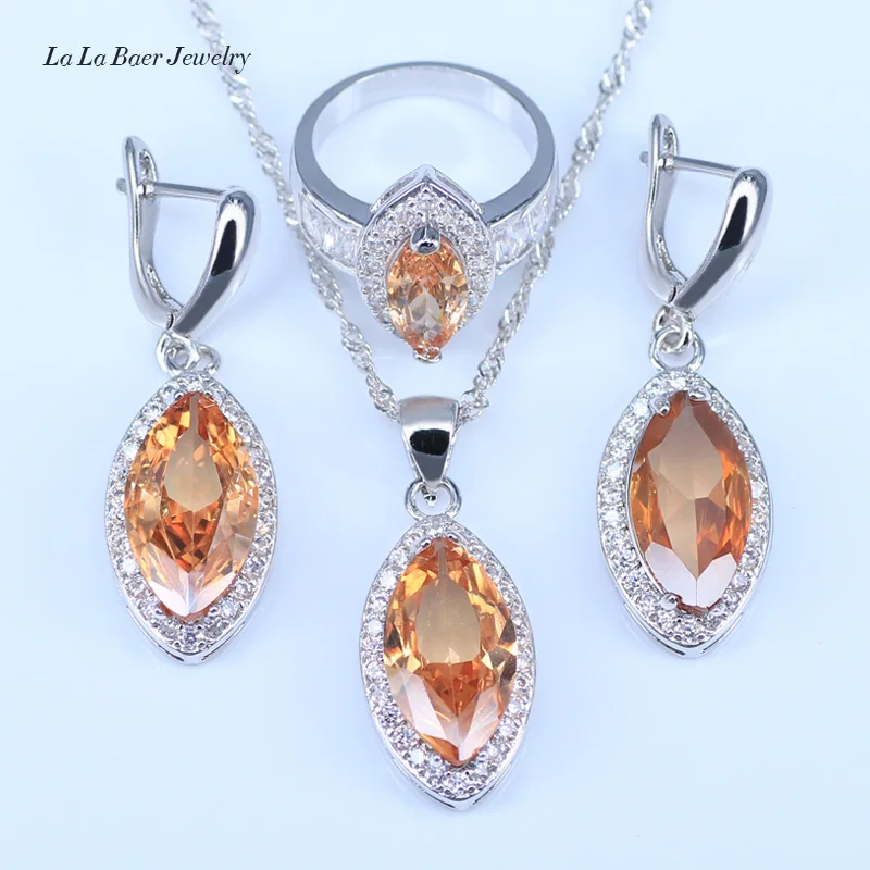 

L&B Pretty Wedding Jewelry Sets For Women Silver Color Orange Morganite Zircon Jewelry Sets Pendant Earrings Rings Neckalce