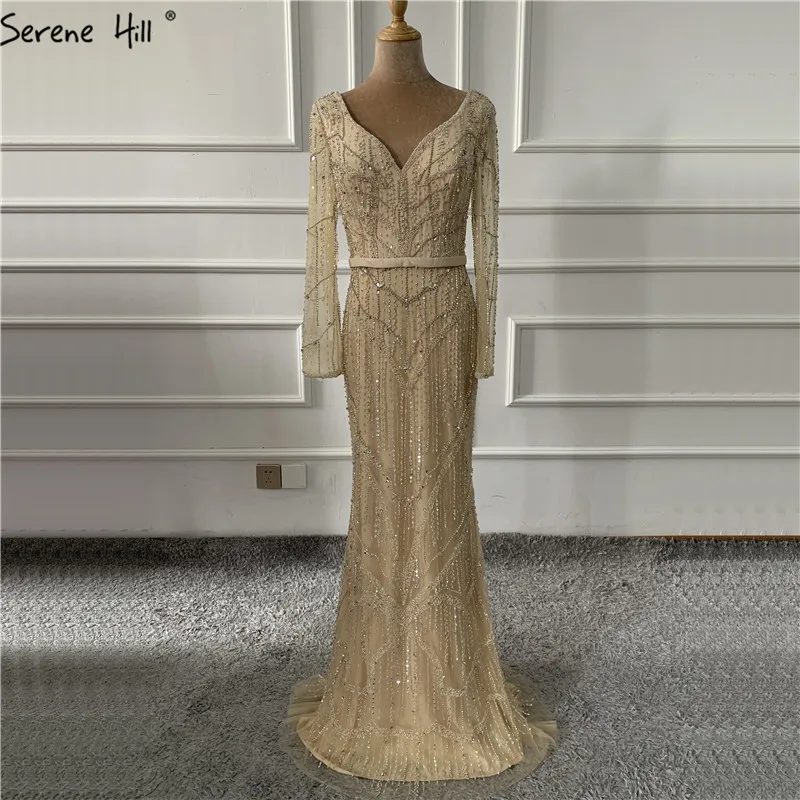 

Gold V-Neck Dubai Design Sexy Prom Dresses Luxury Long Sleeves Beading Crystal Prom Gowns 2019 Serene Hill BLA60831