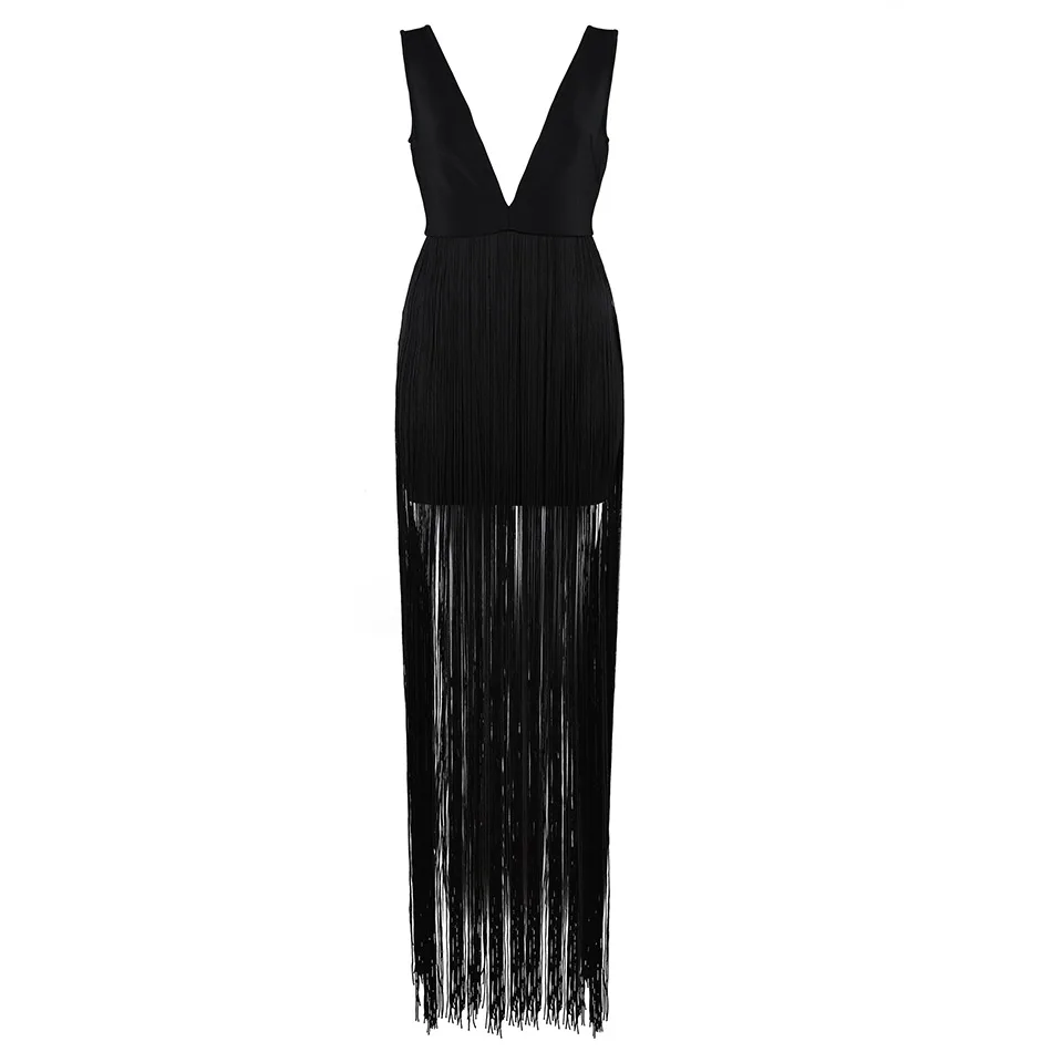 Seamyla Новое модное Макси платье женские черные кисточки глубокий v-образный вырез сексуальное длинное платье облегающее вечернее Бандажное платье