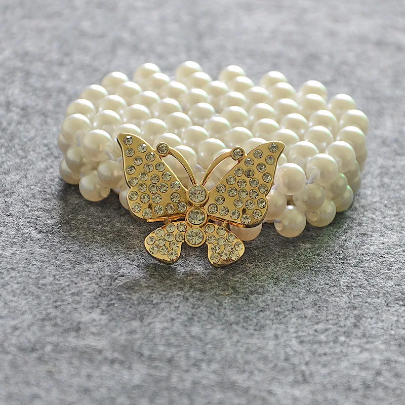 

1 pc Elegant Women Buckle Imitation Pearl Waist Belt Ladies Elastic Buckle Pearl Chain Butterfly Belt Girls Dress Crystal Strap