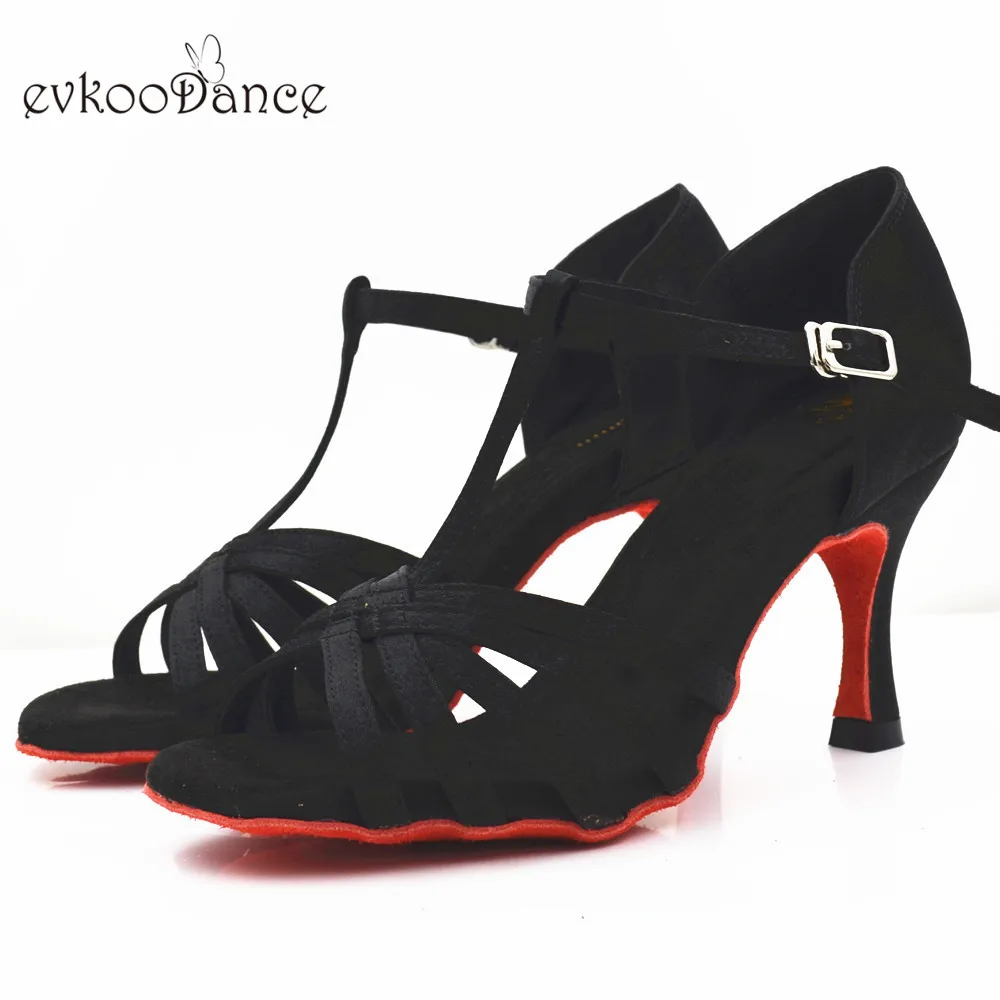 Evkoo танцевальная черная атласная обувь Zapatos De Baile, высота каблука 7 см, профессиональная замшевая красная подошва, туфли для латинских танцев для девочек Evk554