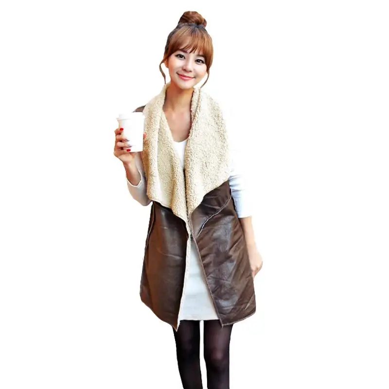 Winter Fashion Fleece Long Vest female Waistcoat Women Vest Coat Suede Faux Fur Vest Lapel Sleeveless Jacket Outerwear Coffee