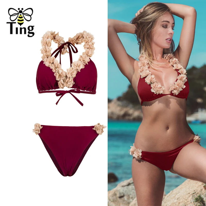 

Tingfly Women's Summer Flower Appliques Bikini Set Push-up Bra Swimsuit Sexy Female New Design Hot Sale Sexy Swimwear Bra Sets