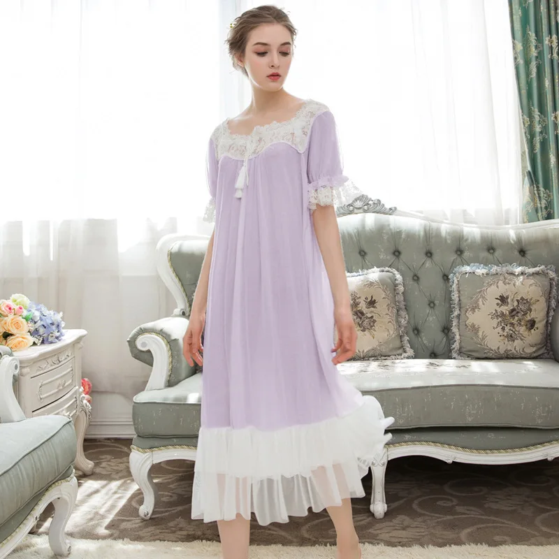 Для женщин сезон: весна–лето короткий рукав длинные сна Ночная рубашка Кружева сетки принцесса домашнее платье модальный ночная рубашка