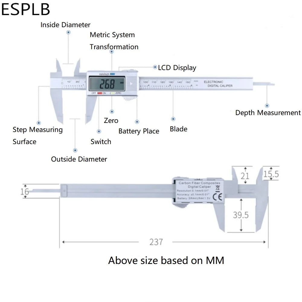 ESPLB 150 мм Пластиковый штангенциркуль 6 дюймов ЖК-экран электронный цифровой штангенциркуль углеродное волокно Миллиметровые конверсионные штангенциркули - Цвет: Серебристый