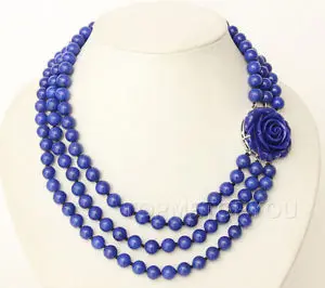 

Free shipping@@@@@NEW 3rows round 8mm Lapis Lazuli necklace Carved clasp E2026