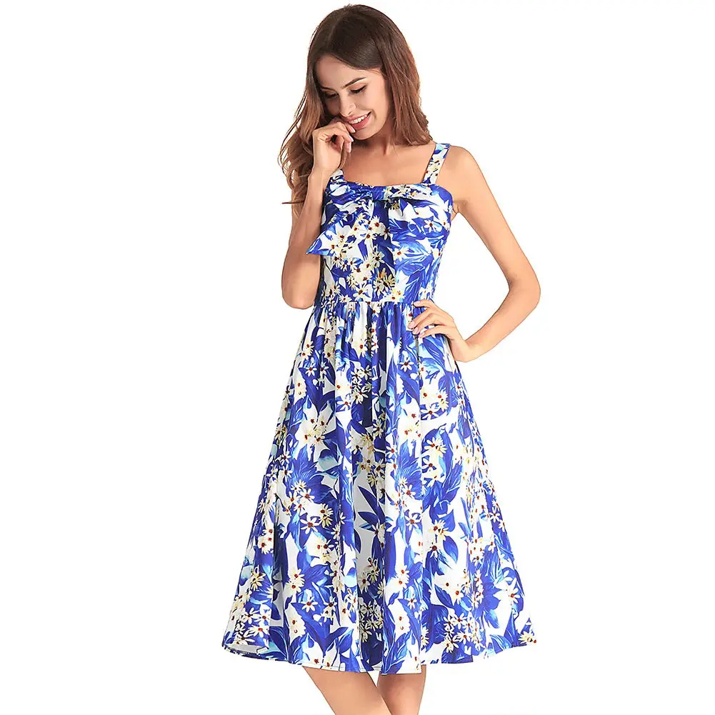 

Blue Color Spaghetti Strap Dress Women Floral Print Halter Chiffon Big Bow Sexy Beach Summer Dress Chiffon Maxi Dress Vestidos