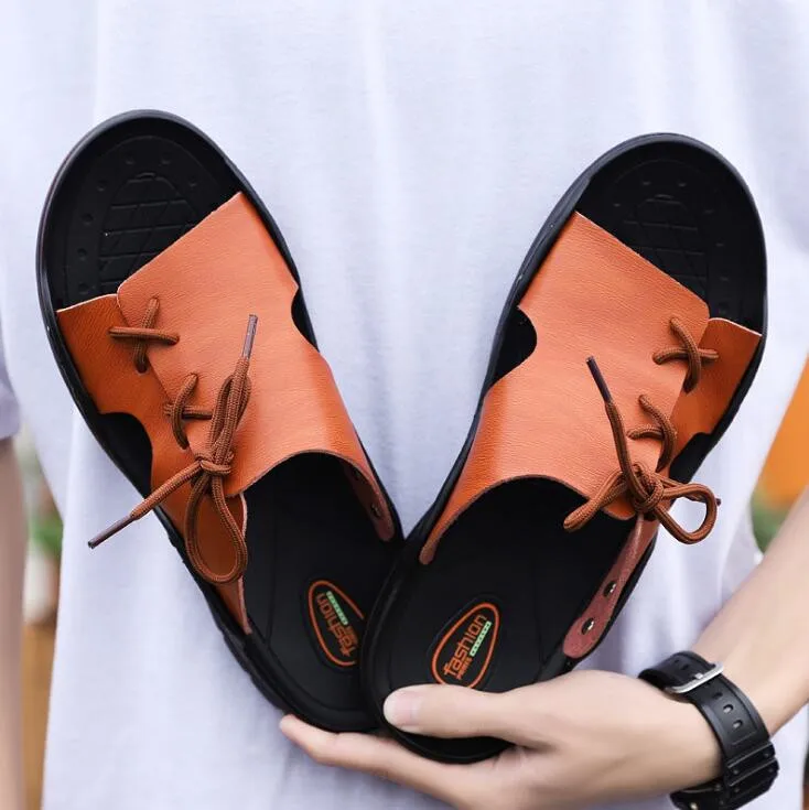 Newest Men Slippers Summer Flat Summer Man Shoes Breathable Beach Slippers Split Leather Flip Flops Mens Slippers - Цвет: 03