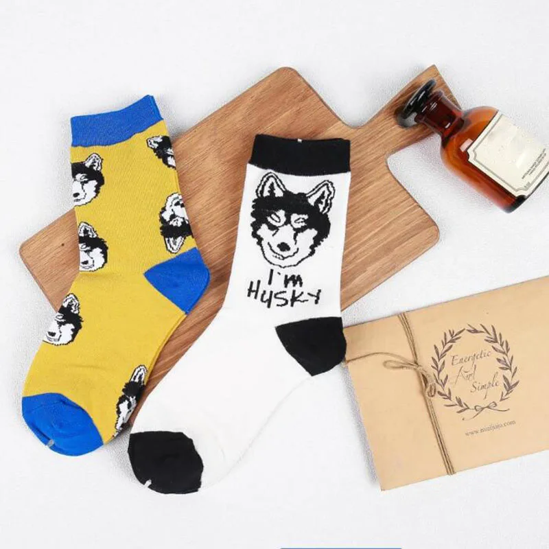 

Women Cute Cartoon Animal Dog Cotton Socks wolf pattern Men Funny socks Japan Harajuku Unisex Socks 2 Pairs/Lot