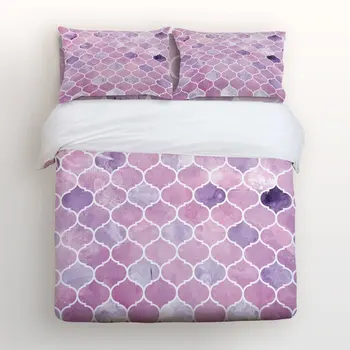 

Duvet Cover Set with Zipper Closure Moroccan Geometric Shape Purple Watercolor Backdrop Print Bedding Sets with Relaxed Soft