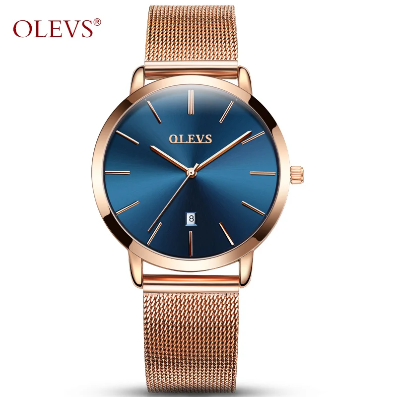 OLEVS, ультратонкие часы из розового золота для женщин, календарь, сетка, стальной ремешок, наручные часы, циферблат, кварцевые женские часы, relogio feminino 5869 - Цвет: gold blue9