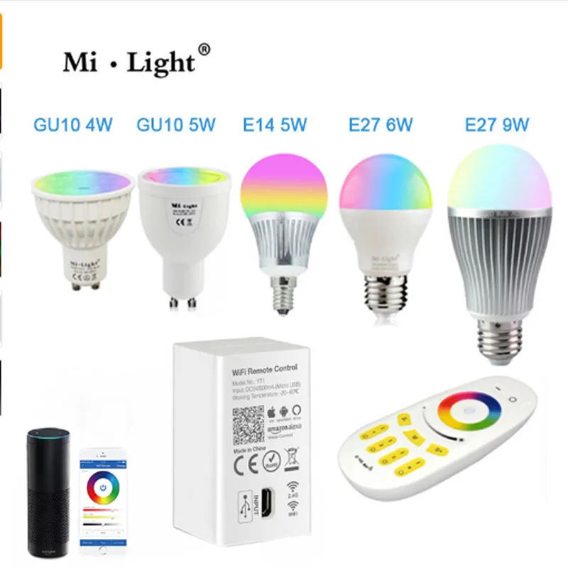 Светодиодная лампа milight MR16 GU10 E14 E27 12 Вт Светодиодная лампа умный Беспроводной RGBW RGB CCT светодиодная Alexa Wi-Fi пульт дистанционного управления многоцветный светодиодный прожектор