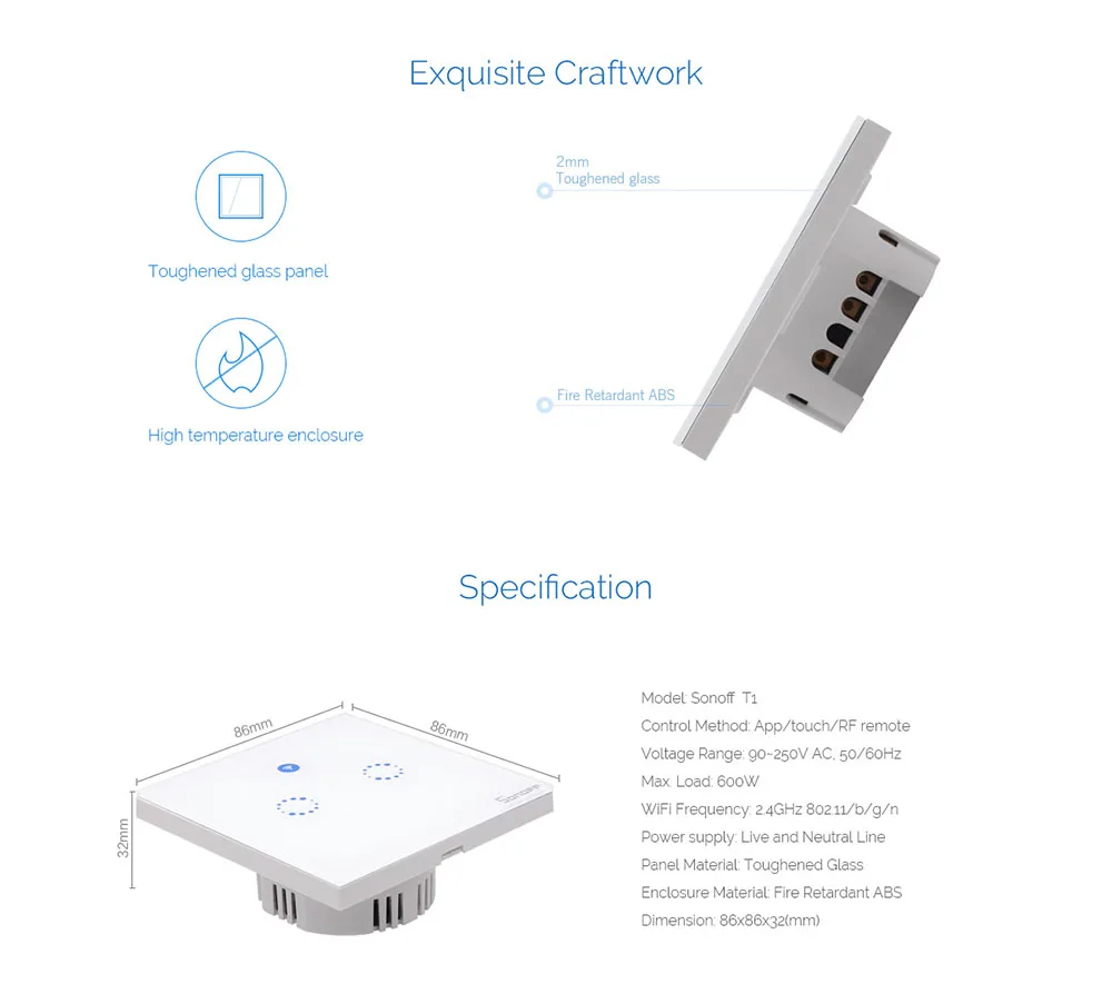 Sonoff T1 ЕС умный Wifi настенный сенсорный светильник-переключатель 1 комплект 2 банда сенсорный/WiFi/433 RF/APP пульт дистанционного управления Умный дом работа с Alexa