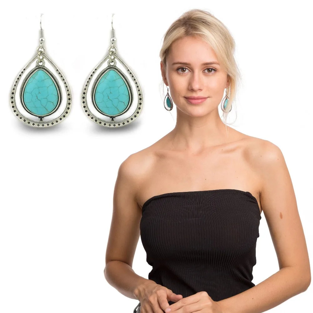 

JIANXI Retro Style Tibetan Sliver color TTurquoise CLIP earring flower with stone flower pattern Earrings for Women