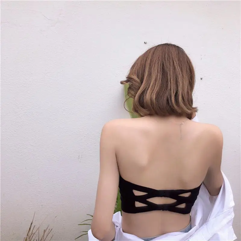 Women Ice Silk Seamless Solid Tube Tops Strapless Removable Padded Bandeau Hollow Cross Back Hook Eye Wrapped Chest Bralette Women Ice Silk Seamless Solid Tube Tops Strapless Removable Padded Bandeau Hollow Cross Back Hook Eye Wrapped Chest Bralette