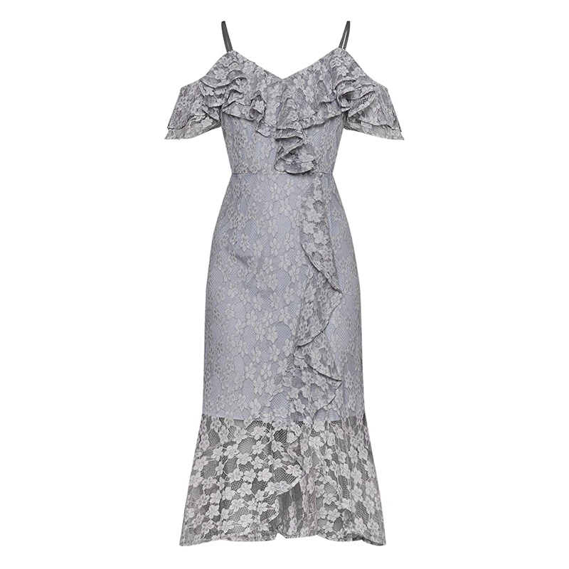 

HIGH QUALITY Newest 2019 Summer Runway Dress Women's Spaghetti Strap Ruffle Lace Dress